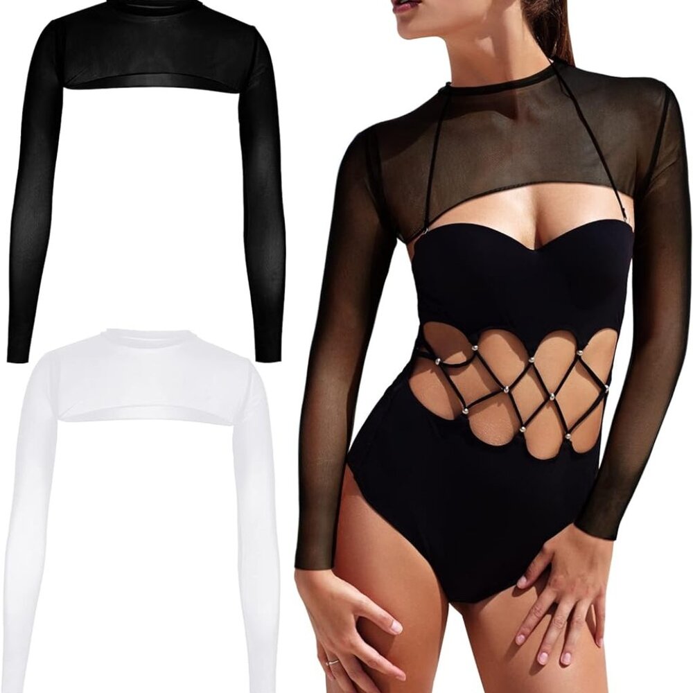 Women's Mesh Crop Top Bodycon Sheer Mesh Tops for Women Cutout Swim Mesh Top Lon